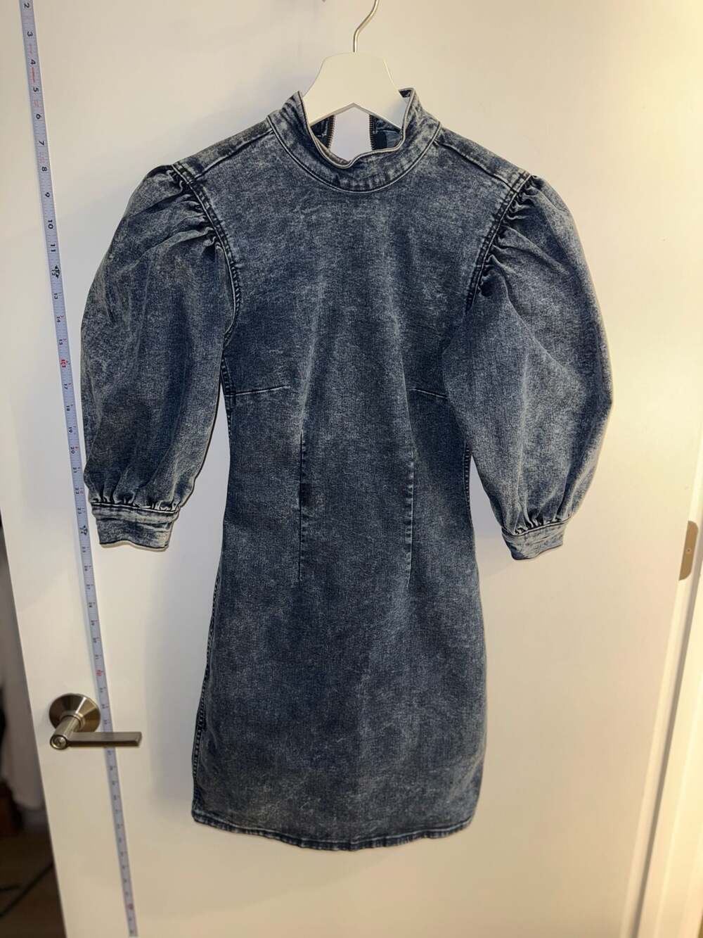 Ganni Acid Wash Denim Puff Sleeve High Neck Mini Dress